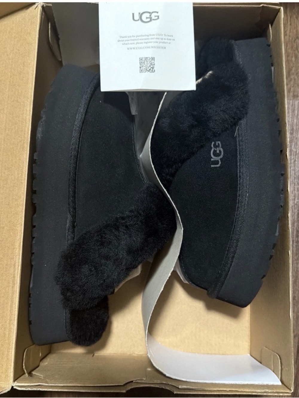 UGG DISQUETTE SLIPPER CLOG SHOE BLACK SUEDE WOOL PLATFORM WOMENS US SZ 6
